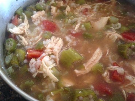 Chicken Gumbo Soup Rice Frozen Okra Green Pepper Tomato Garlic Fresh Broth Hea