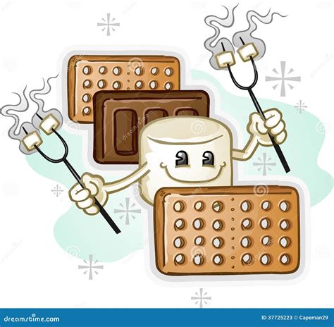 Marshmallow Smores Cartoon Character Holding Roasting Sticks Stock