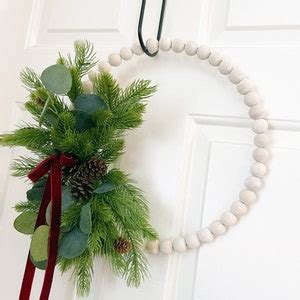 Christmas Hoop Wreath Wood Bead Wreath Winter Greenery Wreath Balsam