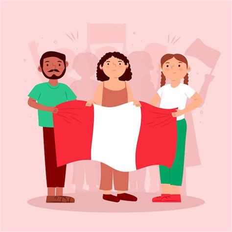 Ilustración de personas peruanas sosteniendo la bandera de perú