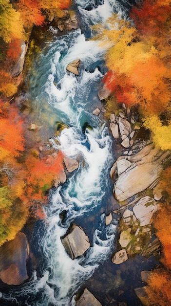 Premium AI Image | a painting of a river with colorful autumn foliage.