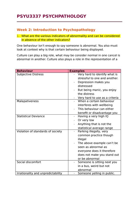 Psyu3337 Notes Psyu3337 Psychpathology Week 2 Introduction To Psychopathology What Are The