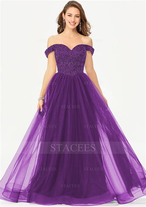 Ball Gown Off The Shoulder Tulle Satin Long Floor Length Prom Dress With Beading Prom Dresses