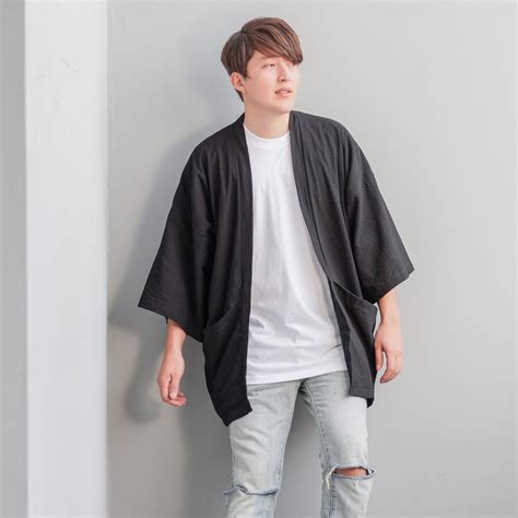 Men S Black Cotton Linen Japan Kimono Cardigan Man Noragi Coat Oversized Pockets Haori Jacket