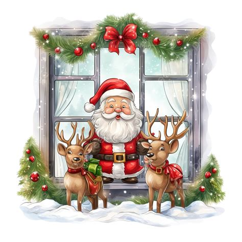 Santa Claus Reindeer And Elf At The Window With Christmas T Santa