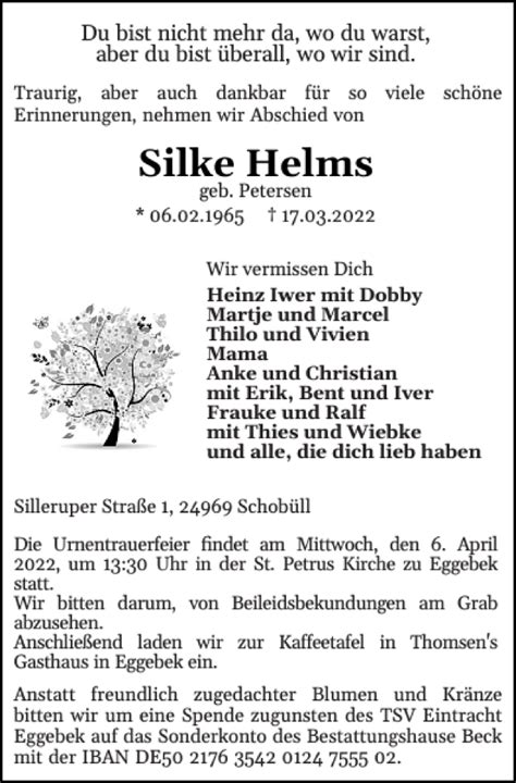 Traueranzeigen Von Silke Helms Sh Z Trauer