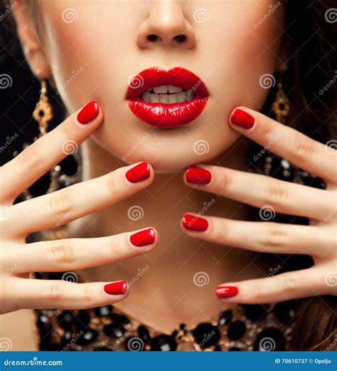 Red Lips And Nails Closeup Manicure And Makeup Make Up Concept Half