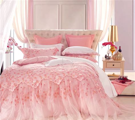 4 6 10 Pieces Pink Lace Luxury Wedding Bedding Set Queen King Size Bed