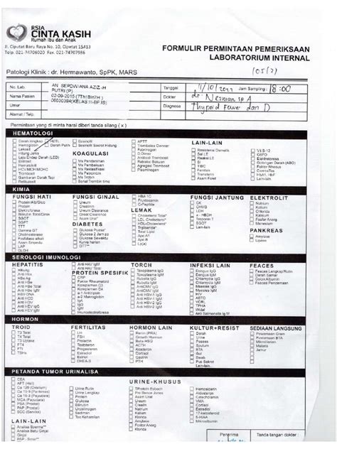 Formulir Permintaan Pemeriksaan Laboratorium Reguler Pdf