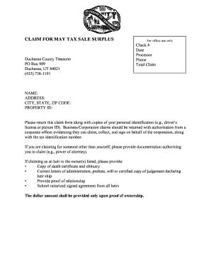 Fillable Online CLAIM FOR MAY TAX SALE SURPLUS For Office Use Only Fax