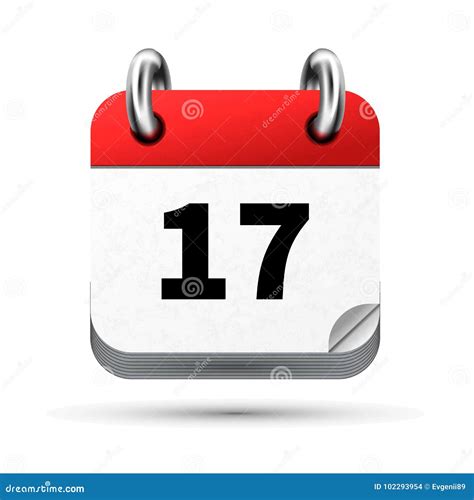 Bright Realistic Icon Of Calendar With 17th Date Isolated On White