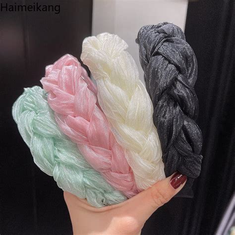 Korean Pleated Mesh Twisted Braid Headband Woman Fashion Simple Wide