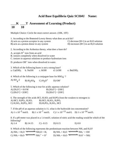 Acids And Bases Equilibrium Quiz Grade 12 Chemistry Quiz Ka And Kb With