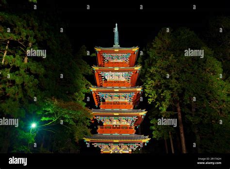 Lit Up Five Story Pagoda Of Nikko Toshogu Stock Photo Alamy