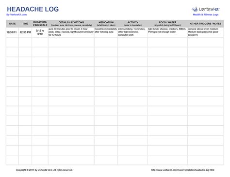 Printable Migraine Diary Template | DocTemplates