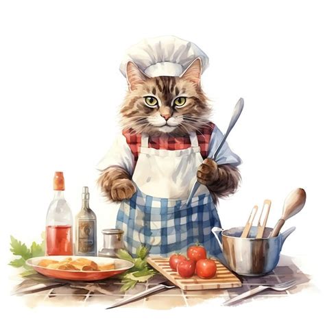 Premium Photo Cute Cat Dressed As A Chef Wearing A Checkered Apron