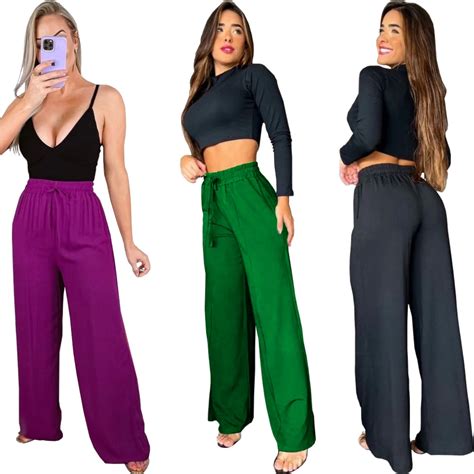 Calça Pantalona Feminina Duna Elástico Na Cintura Sem Fenda Não