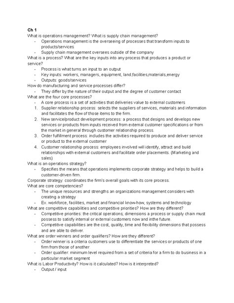 Mgsc Exam Study Guide Ch What Is Operations Management What