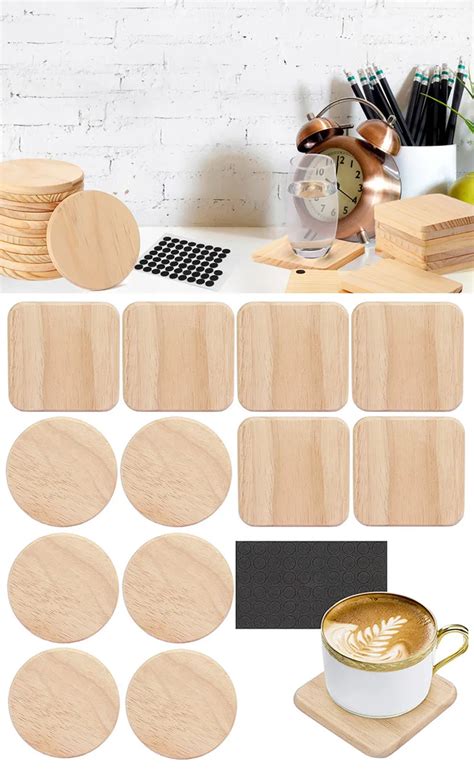 Custom 4 Round Blank Wooden Coasters Unfinished Slice Square Cup Pad Mat With Non Slip Dot For