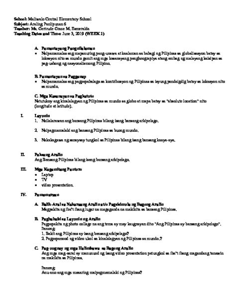 Araling Panlipunan 6 Lesson Plan Pdfcoffee