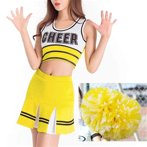 Buy With 2pcs Cheerleader Pom Poms Yellow Sexy High School Cheerleader Costume