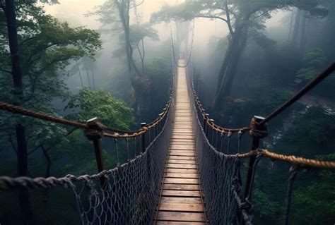 Premium Ai Image Suspension Wooden Bridge In The Forest