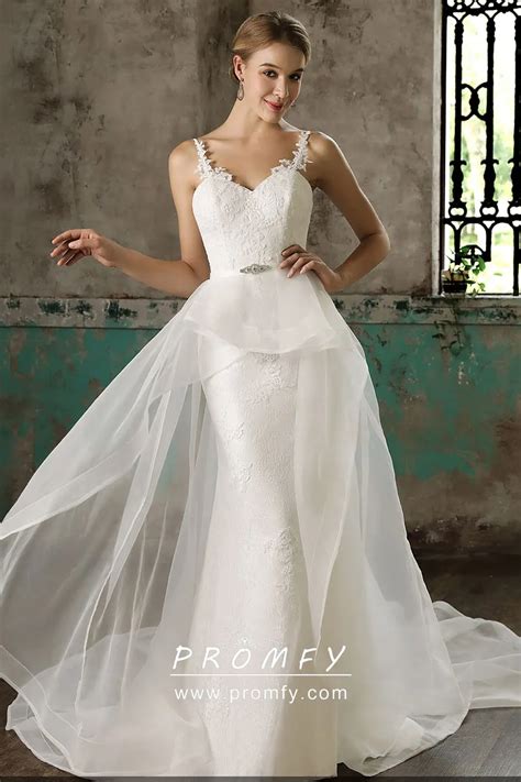 Mermaid Lace Wedding Dress Detachable Overskirt Promfy