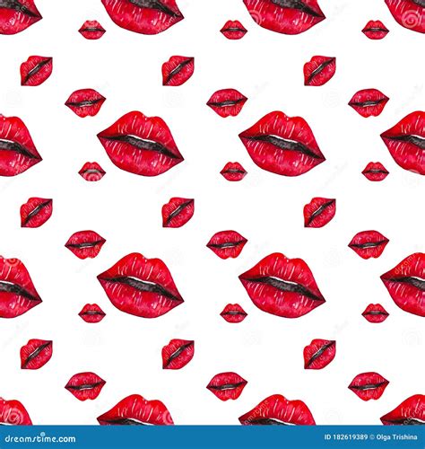 Seamless Pattern With Red Lips On White Background Watercolor Drawing