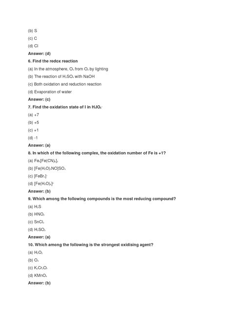 Solution Mcqs On Redox Reaction P Block Elements And S Block Elements