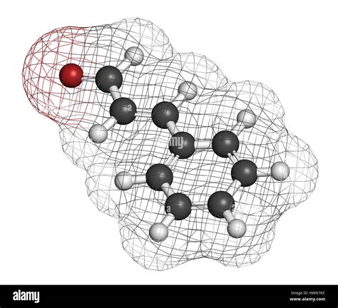 Cinnamaldehyde (cinnamic aldehyde) cinnamon flavor molecule. 3D rendering. Atoms are represented ...