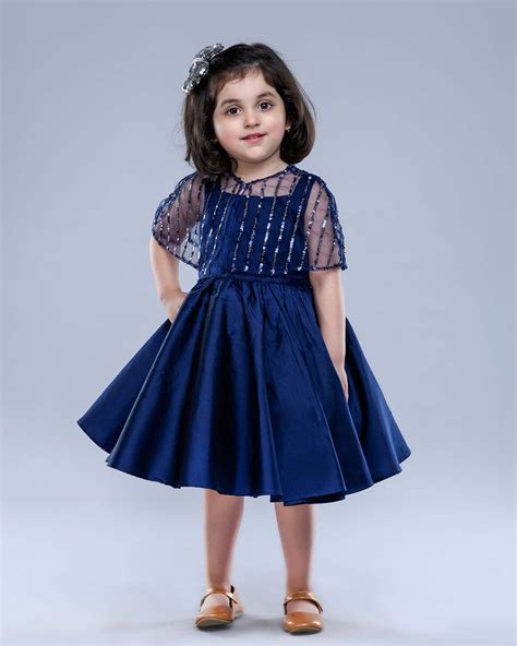 Navy Blue Cape Dress Kids Party Wear Dresses Girls Frock Design