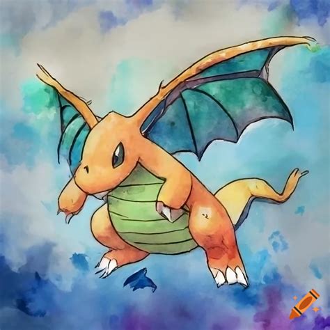 Watercolor Illustration Of Dragonite Soaring Over A Landscape On Craiyon