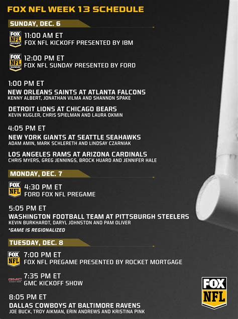 FOX NFL Week 13 Schedule and Regionalization - Fox Sports Press Pass