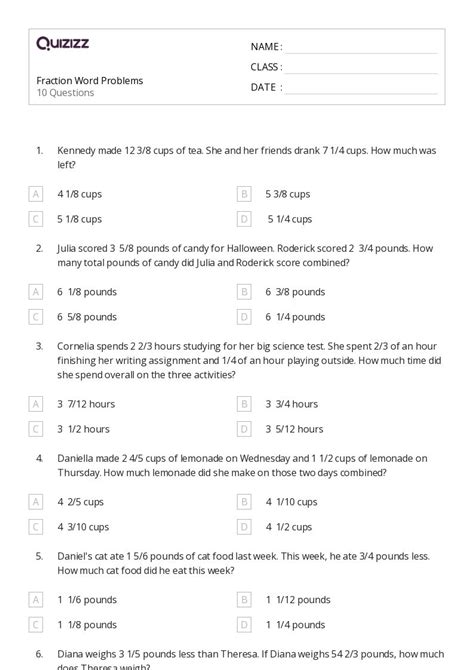 Fraction Word Problems Worksheets Th Grade