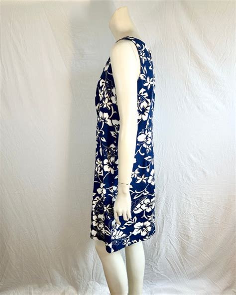 Hilo Hattie Blue And White Hibiscus Hawaiian Dress Mad Gem