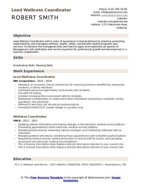 Wellness Coordinator Resume Samples QwikResume