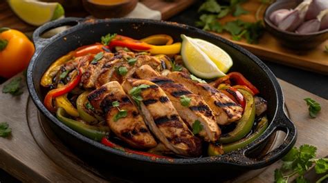 Premium Photo Sizzling Chicken Fajitas With Vegetables In Cast Iron Skillet