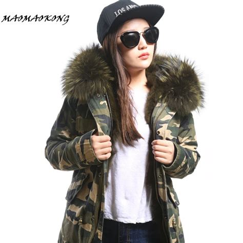 2017 Women Winter Parka Military Camouflage Large Raccoon Fur Collar