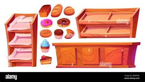 Bakery Shop Interior With Cake Donut And Bread Showcase Cartoon Set