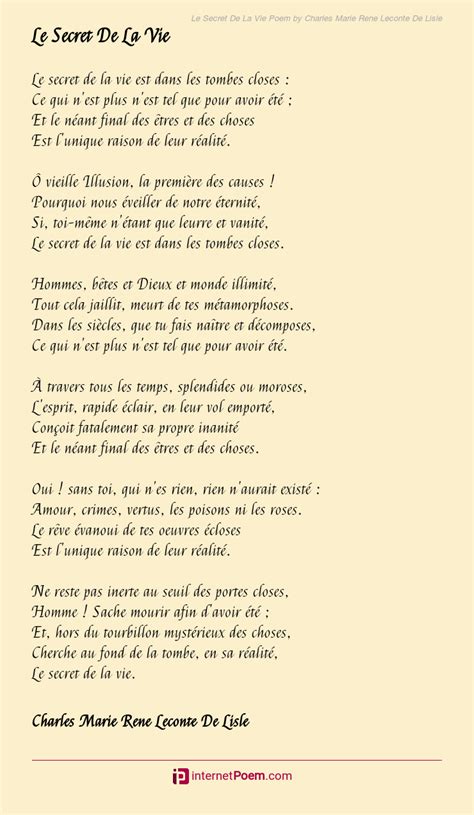 Le Secret De La Vie Poem By Charles Marie Rene Leconte De Lisle