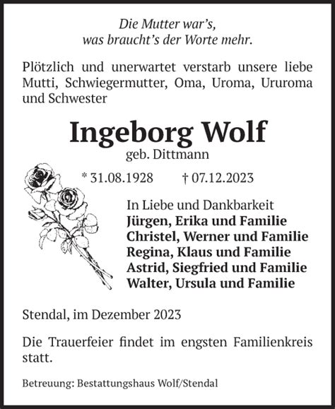 Traueranzeigen Von Ingeborg Wolf Abschied Nehmen De