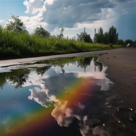 Reflet D Un Arc En Ciel Et De Nuages Dans Une Flaque D Eau Sur La Route