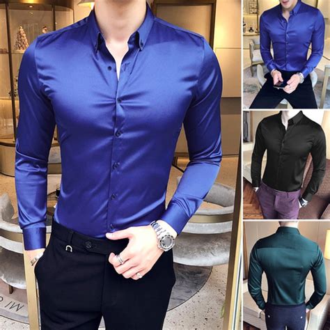 Camisa Masculina De Manga Comprida De Cetim De Seda Empresarial Formal