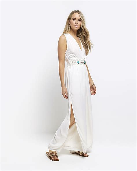 Cream Embellished Plunge Jumpsuit River Island