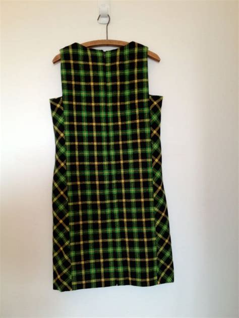 Sale Vintage 60s Black Green Yellow Plaid Wool Jumper Dress M Etsy