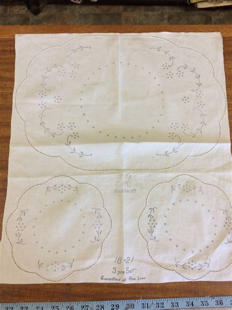 Vintage Traced Linen Cheval Doily Piece Set By B M C Needlecraft