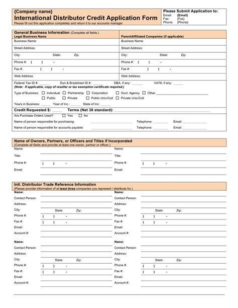 International Distributor Credit Application Form In Word And Pdf Formats