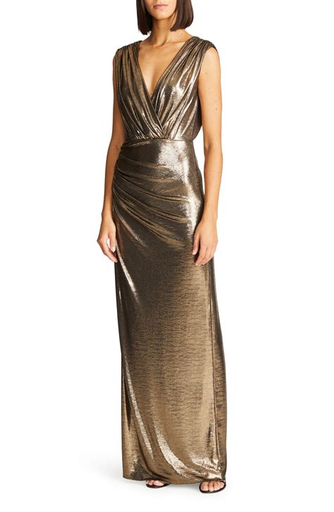 Halston Misha Metallic Jersey Gown Antique Gold Editorialist