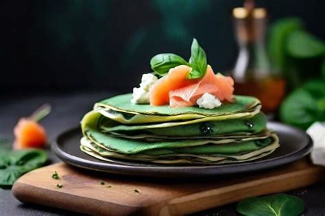 Crepes de espinaca verde o panqueques con salmón ahumado y queso blando