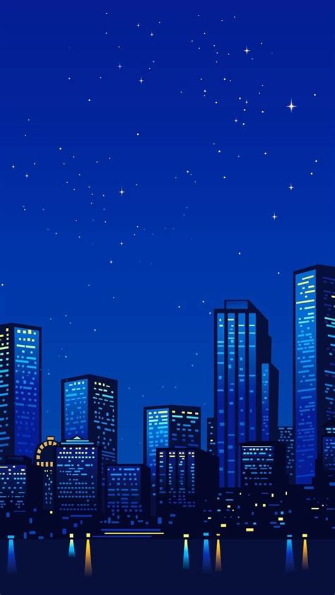 A City Skyline At Night With Stars In The Sky